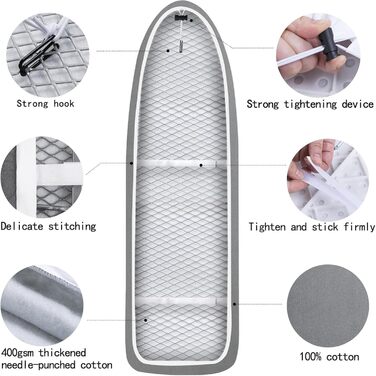 Гладильна дошка Yizunnu: 140x50 см, товсте покриття, шнурок, регульований затискач, простий монтаж, стійкий до подряпин принт (серце)