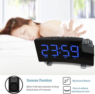 VORRINC Projection Alarm Clock, Digital Alarm Radio with 180° Projection, USB Port, Dual Alarms, Snooze, 12/24H, 3 Projection Brightness with Automatic Dimmer, for Bedroom Ceiling (Blue)