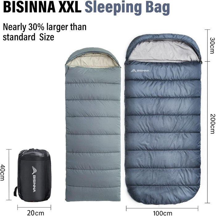 Сплячий мішок BISINNA XXL для великих дорослих, 3-4 сезони, зимовий, для кемпінгу, теплий, широкий, сірий, 1.5 кг, ліва блискавка