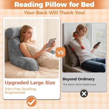 Лежак для ліжка OZMI для дорослих, велике 61 см м'яке подушкове спинне крісло з підголівником для читання, відпочинку, перегляду телевізора та ігор (Сірий)