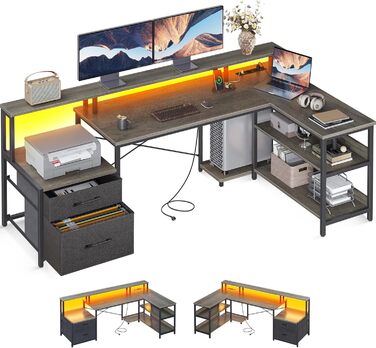 Кутовий стіл ODK L-подібної форми з ящиками, реверсивний, великий, з LED-підсвічуванням та розеткою, 189.3×100 см (Колір: Сіра береза)