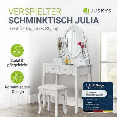 Туалетний столик Juskys Julia з дзеркалом, пуфом і 4 шухлядами, 74x40x138 см, стиль кантрі, білий, МДФ, косметичний стіл-комод