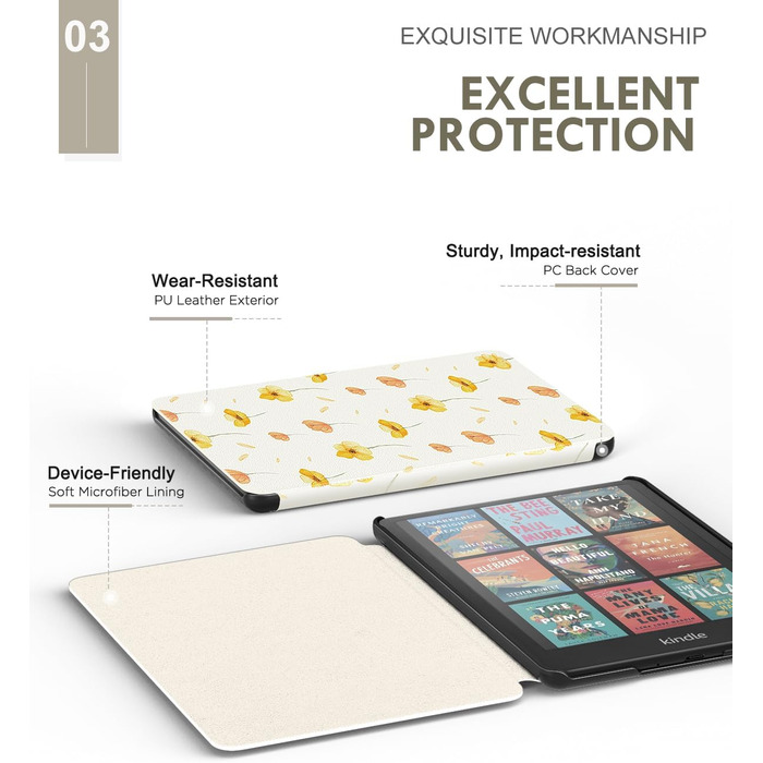 Чохол MoKo для Kindle Paperwhite 12th Gen (2024) та Kindle Colorsoft Signature Edition (2024), PU-захист, авто-сон/пробудження, PC-кришка, квітковий дизайн на білому тлі