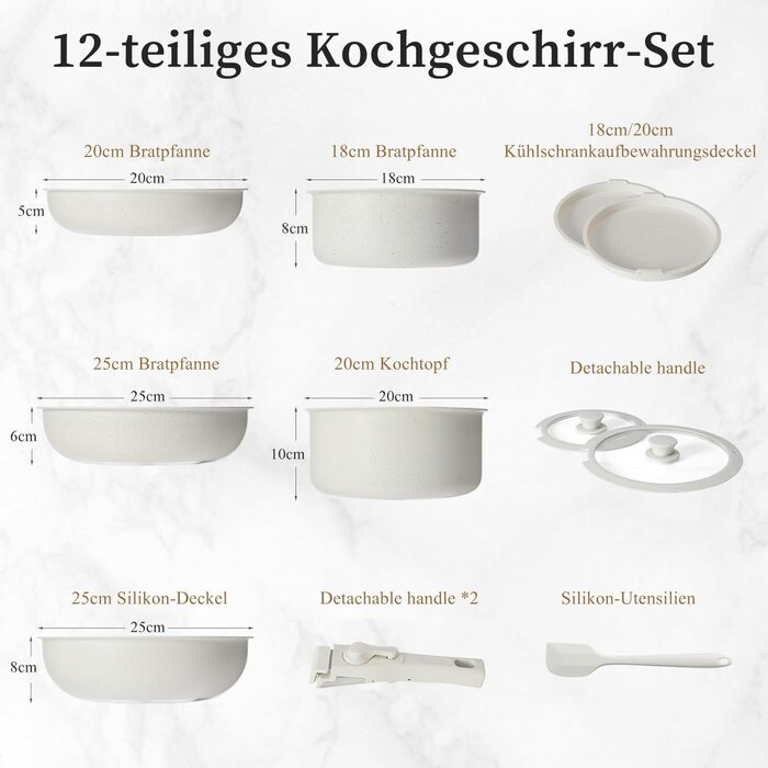 Набір посуду JHK 12 предметів з антипригарним покриттям та знімними ручками, бежевий – кухонне приладдя для дому