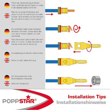 Попстар 12 шт. Бананові штекери High End (до 4 мм², 24k позолота, алюмінієвий корпус, 6чорний, 6червоний)