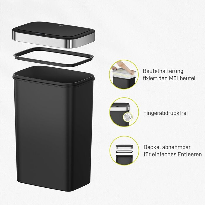 Сміттєвий бак EKO Hana Deluxe 50л з сенсором, чорний, пластик - автоматичний відро для кухні з плавним закриттям кришки