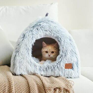 Cat Cave Cat Bed Cat House Cozy Cave 40x40cm Foldable Washable Comfortable Cat Sleeping Place for Cats Kittens Puppies with Removable Cat Head Pillow Beige (Gray-L)