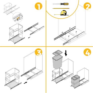 Відро для сміття кухонне Emuca з підвісною системою, 2 висувні контейнери по 20 л, загальний об'єм 40 л (2 x 20 л), сталь та пластик, сірий колір