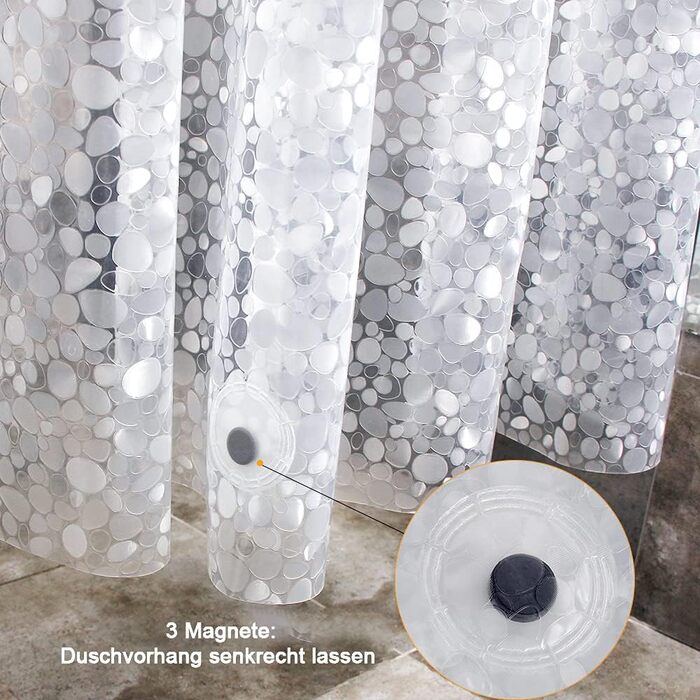 Шторка для душу WELTRXE з антибактеріальним покриттям та магнітною основою, 183x183 см, EVA, 3D-дизайн, водовідштовхувальна, з 12 кільцями