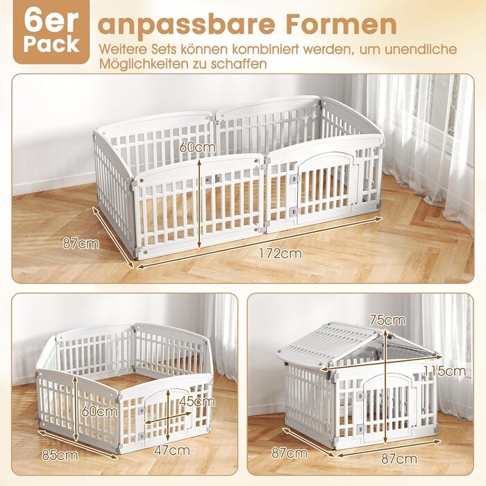 Клітка для цуценят GYMAX 60/75 см, 6 панелей, з замком та кріпленням для підлоги, для дому та вулиці, біла