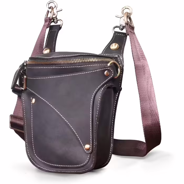 Le'aokuu Men's Leather Motorcycle Hip Bag Messenger Shoulder Drop Leg Bag (9326 Dark Black)