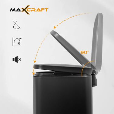 Степле́р для смі́ття 50 літрів зі сталі з внутрішнім відром з пластику - з м'яким закриттям кришки, для кухні, ванної кімнати або офісу - чорного кольору