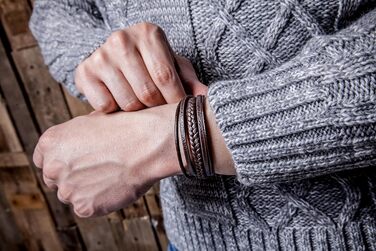 Браслет чоловічий шкіряний SERASAR Premium плетіння, коричневий, з магнітною застібкою з нержавіючої сталі, 17 см - подарункова коробка