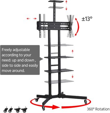 Yaheetech Rolling TV Stand with Brakes - Adjustable Height, 3 Shelves, VESA 100x100 to 600x400 - Fits 32-75 inch TVs