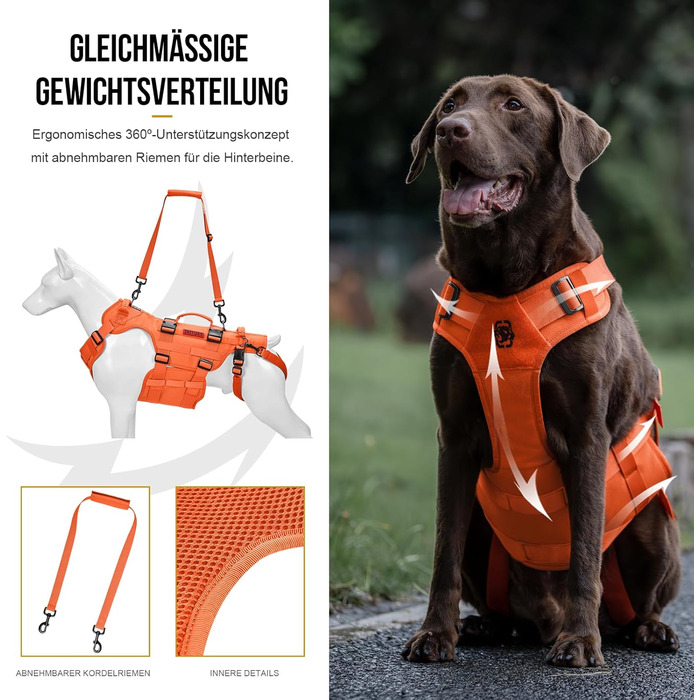 Шлейка для собак OneTigris Invictus, переносна допомога для собак середніх та великих порід, регульована, 3 ручки, для собак з обмеженими можливостями, травмованих або літніх, L (27-41 кг, обхват шиї 45-63 см, обхват грудей 68-91 см), помаранчевий