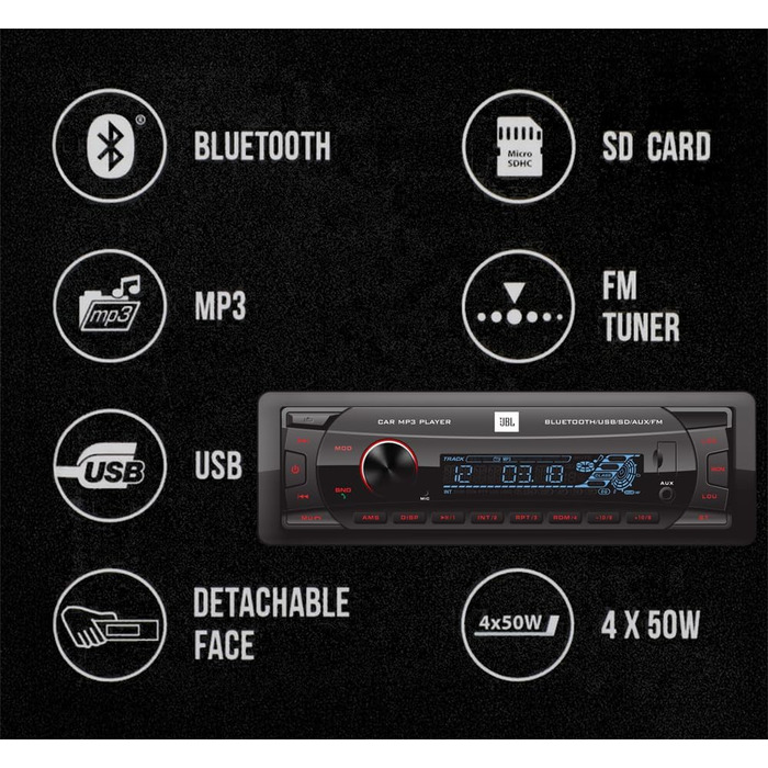 Автомобільна магнітола JBL Celebrity 100 Bluetooth, 1 DIN, 4x50Вт, без CD, FM-радіо, USB, SD, AUX, знімна панель, гучний зв'язок, Harman Kardon