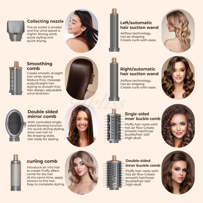 UKLISS 8-в-1 Pro Airstyler: Фен-щітка, локони, стайлер для волосся, 1400W, 110,000RPM, подарунок для жінок