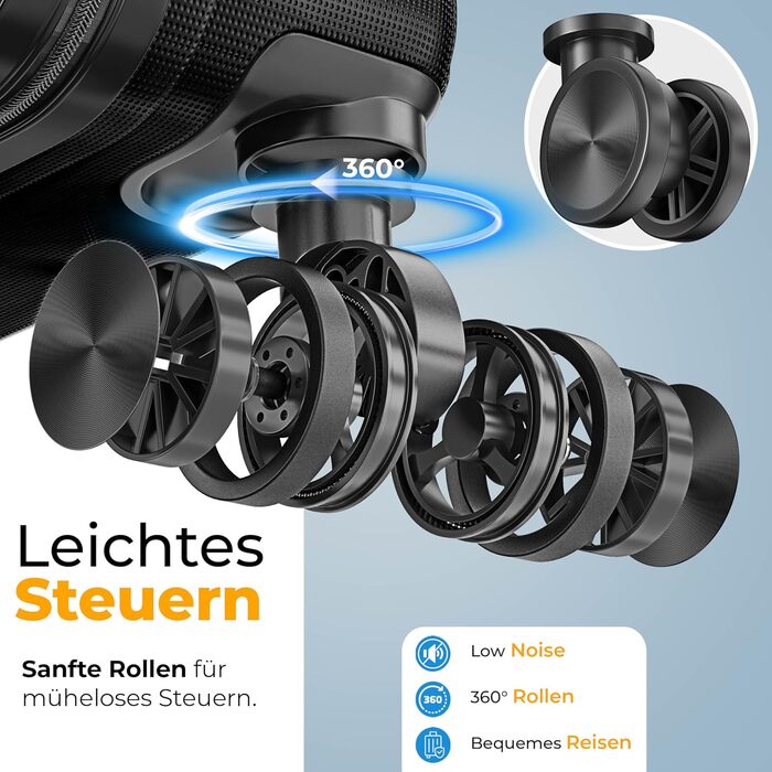 Набір валіз KESSER® 4 шт. | ABS валізи з кодовим замком, ваговою шалькою та органайзером для документів, 360° обертання | Ручна поклажа та великі валізи для подорожей та бізнесу (Чорний)