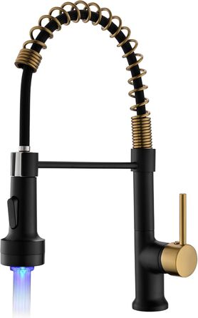 Кухонний змішувач AIMADI висувний, високого тиску, з 2 режимами (струмінь та розпилення), поворотний на 360°, однорегуляторний для кухонної мийки (з LED-підсвіткою, золотий)
