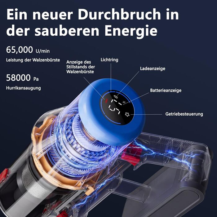 Бездротовий акумуляторний пилосос з дисплеєм та LED-підсвіткою, 58000Pa, Anti-Tangle-щітка, самостійна парковка, зарядка від стіни (блакитний)