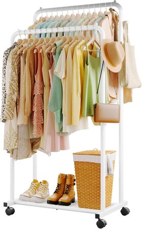 Підставка для одягу на колесах, з подвійною перекладиною, з полицею-сіткою та гачками, білий колір, 73 x 42 x 150 см
