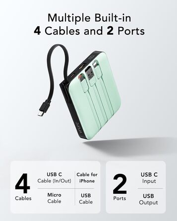Power Bank VRURC 10000mAh з кабелем: компактний акумулятор USB-C, швидка зарядка 22.5W, LED-дисплей, сумісний з iPhone, Huawei