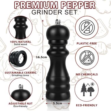 Набір для солі та перцю: ручні млини для перцю та солі, чорного кольору, великі. Дерев'яні млини для спецій з регульованою керамічною помелювальною камерою (від дрібної до грубої). 6,5 дюйми для морської солі, чилі, грубої солі (чорний та білий), 2 шт.