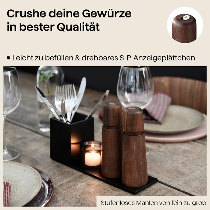 Crushgrind Stockholm Salt and Pepper Mills made of Walnut with Ceramic Grinder | Salt and Pepper Mill with Adjustable Grind | Herb Grinder made of high-quality, sustainable materials (110 mm)