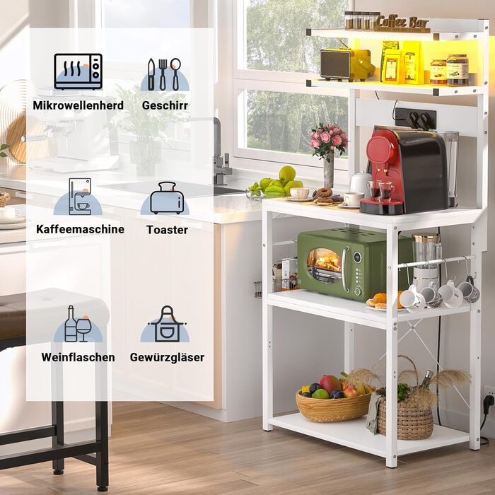 Кухонна полиця-органайзер з розеткою, стійка для мікрохвильовки, 5-ярусна кавобар з LED-підсвічуванням, полиця для спецій, каструль та сковорідок (60см, білий)