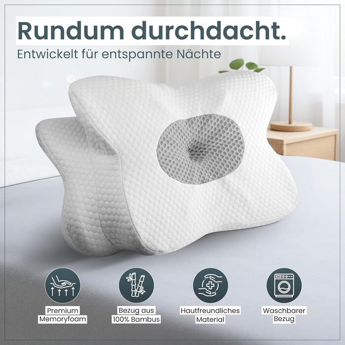 Ортопедична подушка для шиї при болях у шиї з високоякісної піни з пам'яті - Ергономічна подушка для шиї - Подушка для тих, хто спить на боці, на спині та на животі - пральний чохол при 40°C 61 x 40 x12 Світло-сірий