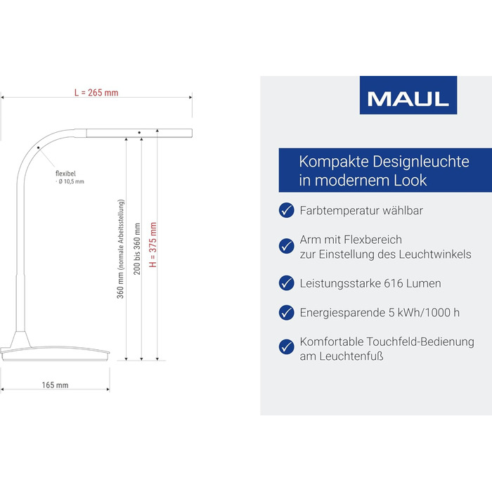 Стілеві LED-лампа MAULpearly colour vario, регульована яскравість – потужна офісна лампа для робочого місця – настільна лампа з регулюванням колірної температури 3000-6500K – колір: чорний