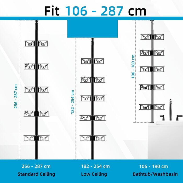 Телескопічна поличка для душу Bomclap з 5 кошиками, кутова, металева, чорна. Регульована висота 106-287 см, без свердління.