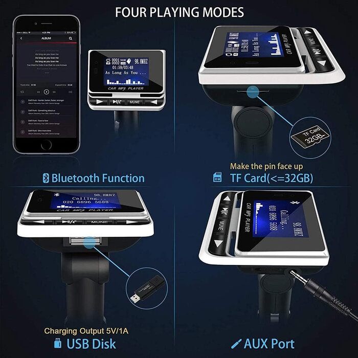 FM-трансмітер LEIDIMUS Bluetooth для авто, бездротова гарнітура, MP3-плеєр, USB-зарядка, з пультом дистанційного керування