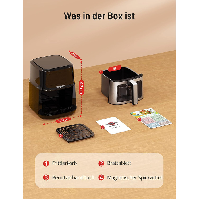 Фритюрниця PARIS RHÔNE з гарячим повітрям 5L XL з оглядовим вікном, 8-в-1, для миття в посудомийній машині, з One-Touch управлінням, антипригарне покриття кошика та знімний піддон