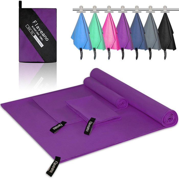 Набір рушників з мікрофібри, швидковисихаючих, 3 шт. (180x90см, 80x40см, 50x30см) для подорожей, спорту, пляжу (фіолетовий)