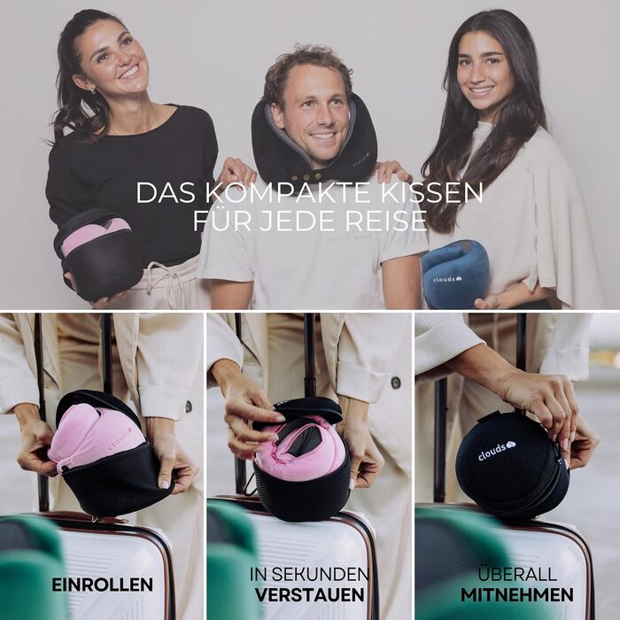 Подушка для шиї CLOUDS для подорожей – Memory Foam, 2 розміри, для дорослих, дихаючий чохол, 5 кольорів (Чорний, S/M)