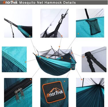 Гамак для кемпінгу з москітною сіткою, подвійний та одинарний, з ременями для дерев та карабінами, гамак-парашут для кемпінгу, подорожей та піших прогулянок, блакитний/темно-синій, 300 x 200 см