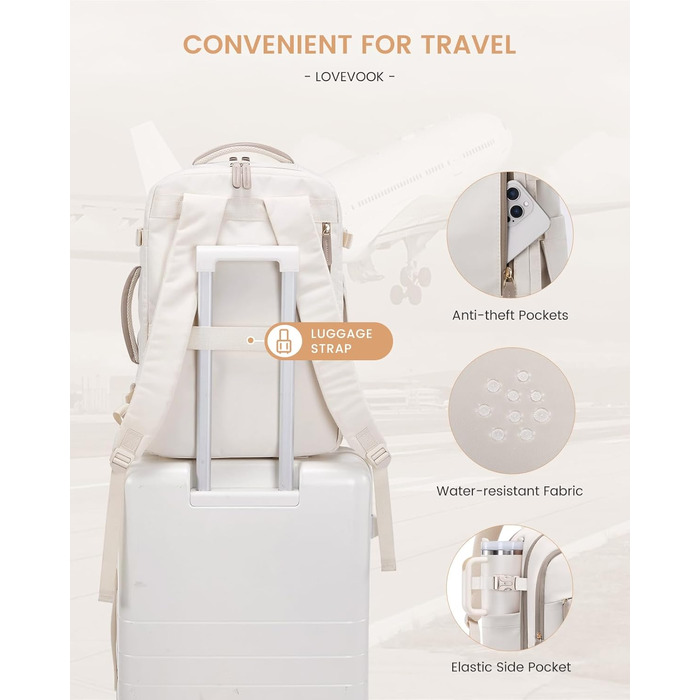 LOVEVOOK Рюкзак для ручної поклажі 40л, для подорожей, з відділенням для ноутбука 17.3 дюймів, з вологостійким відділенням, 45x36x20 см, бежевий/хакі