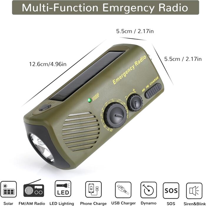 Радіо URPRO на ручному валу з AM/FM, 3000 mAh Powerbank, SOS-сигнал, LED-ліхтарик, USB-зарядний пристрій для мобільного телефону - ідеально для кемпінгу та походів