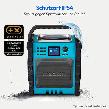MEDION E66877 Радіо для будівельних майданчиків DAB+ Bluetooth з LED-ліхтарем (IP44, акумулятор/мережа, вертикальне) блакитне
