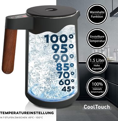 BALTER Stainless Steel Kettle with Temperature Setting, 45°C-100°C, Double-Walled, BPA-Free, Quiet & Cordless, Keep Warm Function, Tea Kettle with Temperature Display, 1.5L, 2200W, Black (Titanium Gray)