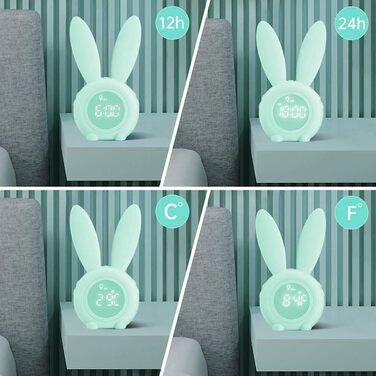 Gentle Light Alarm Clock Bunny Clock Children's Alarm Clock Rabbit Alarm Clock Wake Up Light Creative Lamp Bedside Lamp Night Light, Snooze Function, 6 Sound Options, Timed Night Light Green