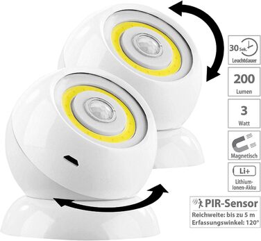 Lunartec Rechargeable Flashlights: 2-Pack ultra-bright COB LED rechargeable lights with PIR sensor, 200 lm, white (rechargeable light with motion sensor, LED spotlight, battery table lamp)