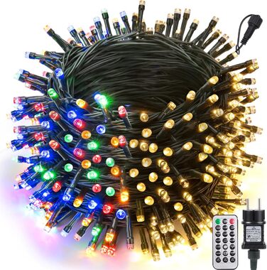 Ланцюжок прикрас Joomer 200 LED, 20 метрів, на батарейках з таймером, 8 режимів, вологостійкий, для декорування ялинки, саду, вечірки, шлюбу, внутрішнього та зовнішнього використання, тепле біле світло, зелений кабель
