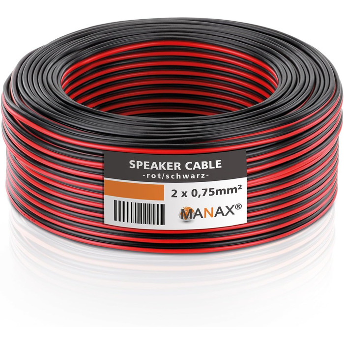 Кабель акустичний MANAX® 2x1.5 мм² білий 50м в бухті (0.75 мм² - 10м, червоний/чорний)