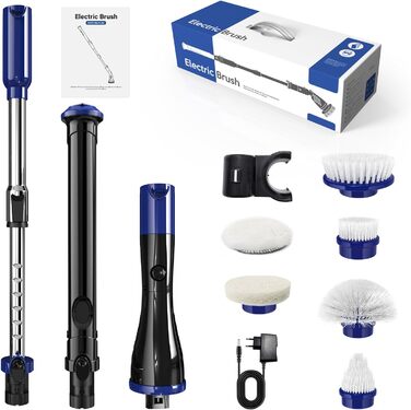 Електрична щітка для чищення, бездротова, 6 насадок, для кухні, авто, підлоги (чорно-синій)