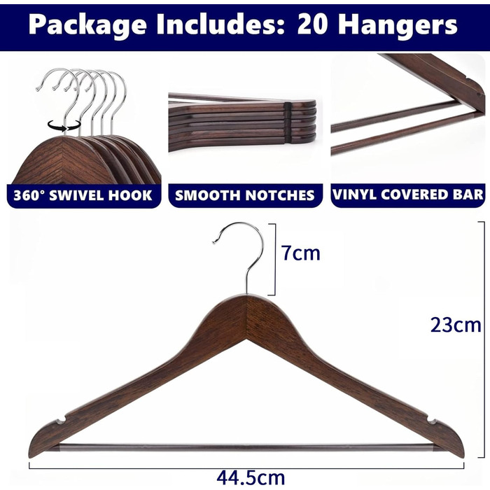 Amber Home 20-Piece 17.5-inch Retro Wooden Clothes Hangers with Bar and Notch, Antique Brown Hanger for T-Shirt, Shirt, Suit, Coat, Dress, Wedding, Camisole