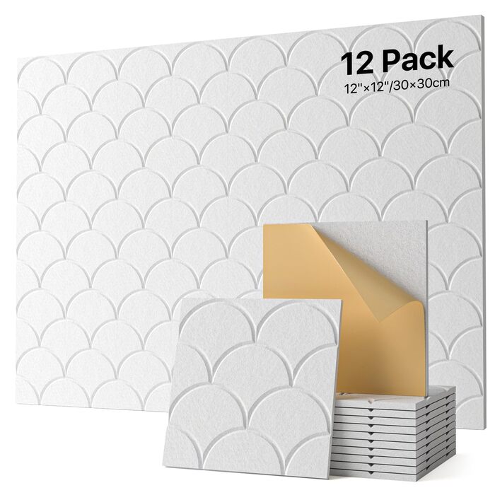 Акустичні панелі Soundsbay 12 шт., самоклейні звукопоглинаючі плити з поліестеру для шумоізоляції та декору стін, 30x30x0.9 см, білий колір
