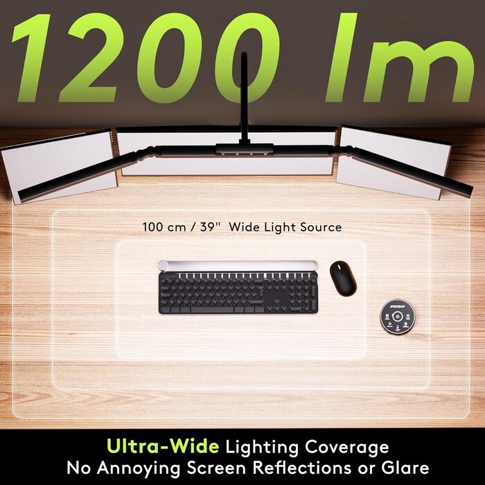 Настільна лампа для робочого столу з 3 джерелами світла, 24W, 100см, денне світло, з пультом дистанційного керування, регульована яскравість, лампа для монітора, модель «Лебідь», матовий чорний колір