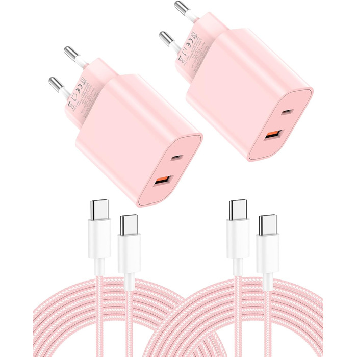 Зарядний пристрій USB-C 20W 2-Port (USB-C + USB-A) для iPhone 17 Pro Max/16/15/14/13/12, Galaxy, iPad – з кабелем Type-C 2м, блакитний (2 шт.)